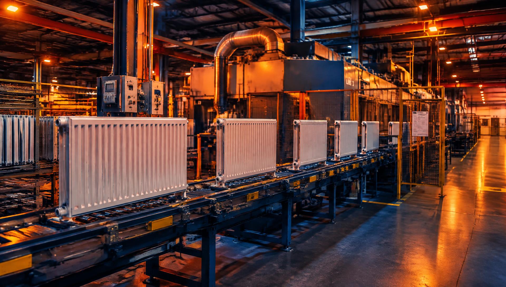 Steel panel radiators moving along a manufacturing line