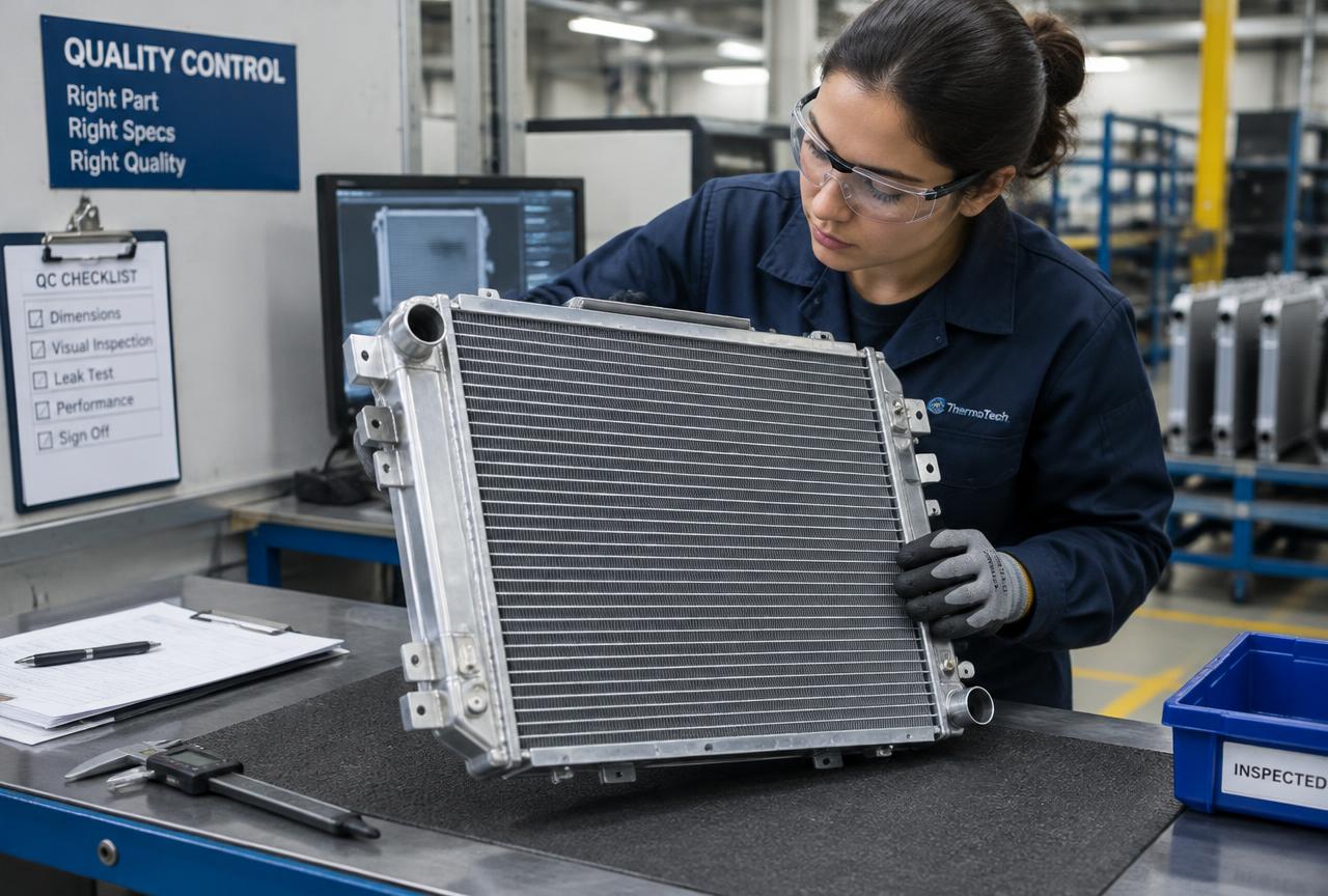 Technician inspecting a radiator at a quality control station
